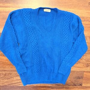 Vintage Alpaca Handmade in Peru Blue V-Neck Cable Knit Sweater